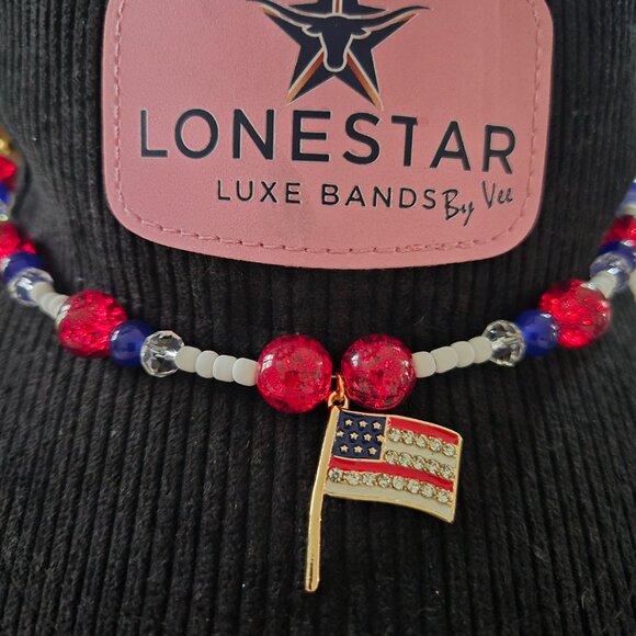 Handmade Patriotic Hat Band – Crystal Beads & Flag Charm – Western Style - Picture 4 of 4